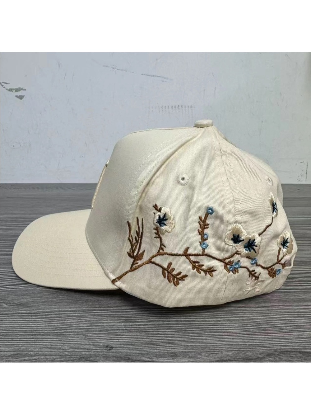 YoungLA Cream Baseball Cap with Blue and Brown Floral Embroidery